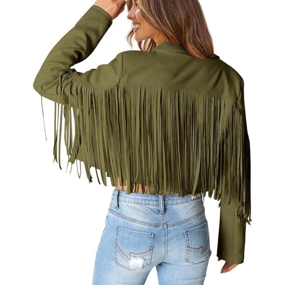 Women's Army Green Fringe Suede Leather Jackets Fall Fashion Tassel Motorcycle - Picture 4 of 9